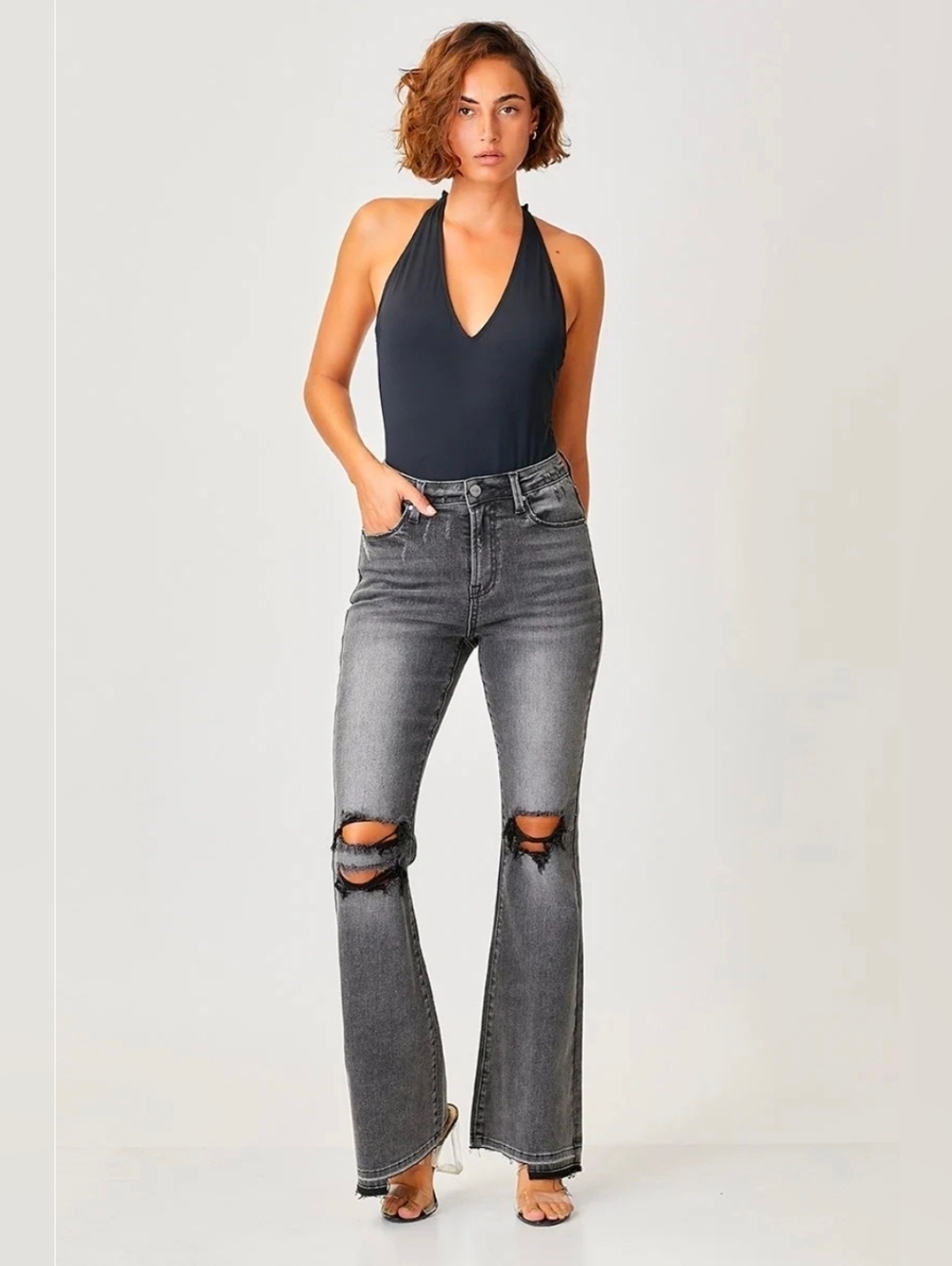 Risen Jeans | Black Distressed Shadow Hem Flare Jeans Size 3/26